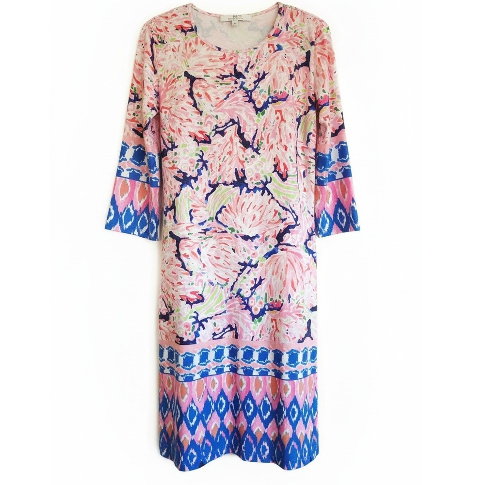 Jean Pierre Klifa XXL Midi Dress Pink Blue Floral Print 3/4 Sleeve Shift RV $145